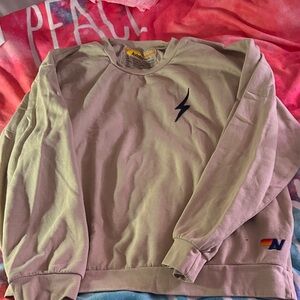 Aviator Nation Beige Crewneck with Black Lightning Bolt